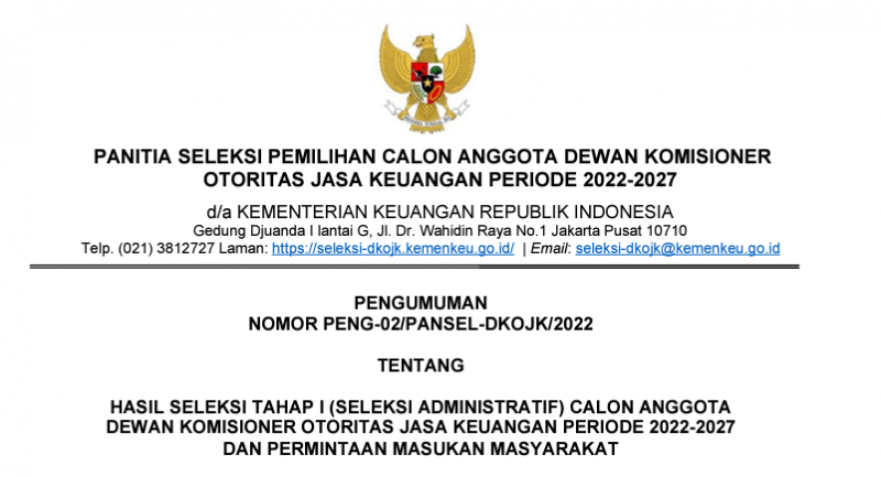 Seleksi Tahap I Calon Anggota Dewan Komisioner Ojk 155 Kandidat Lulus