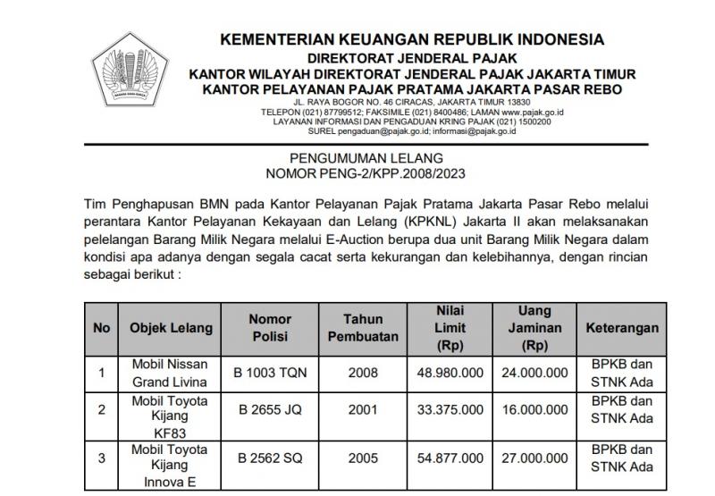 Kantor Pajak Lelang Mobil Dinas, STNK Dan BPKB Lengkap