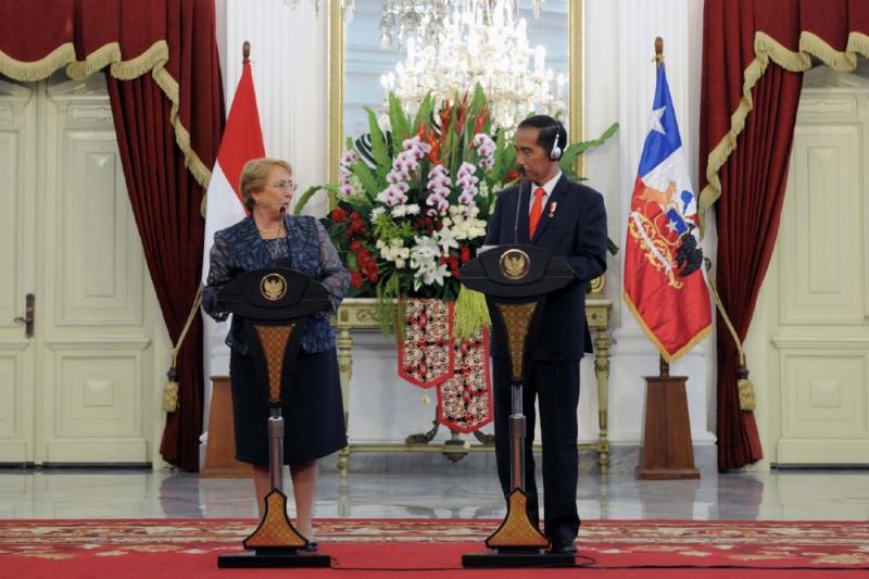 Konferensi pers bersama Presiden Jokowi dan Presiden Chile Veronica Michelle Bachelet Jeria di Istana Merdeka, Jakarta, Jumat (12/5/2017). (Foto: Humas/Jay)